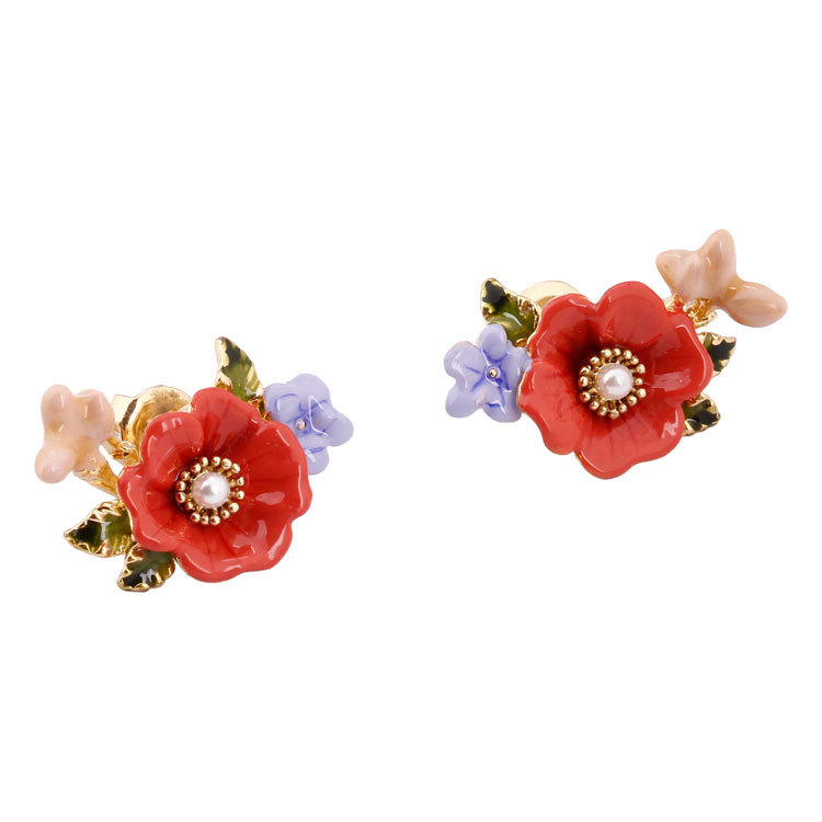 Enamel Glazed Cannibal Plant Flying Insect Natural Colorful Turquoise Earrings Clip Stud