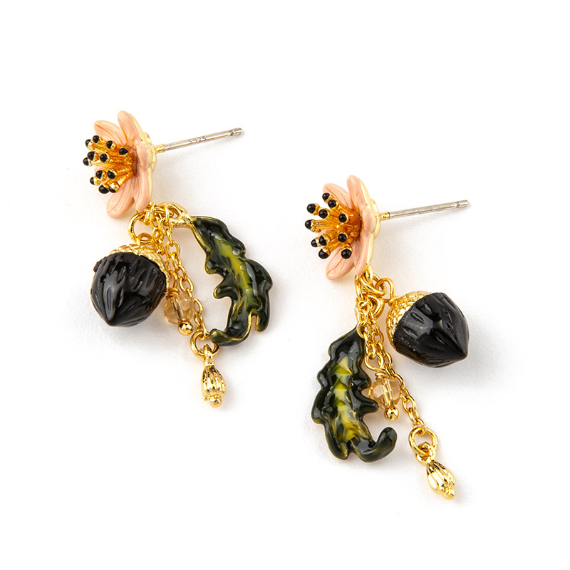 Enamel Glazed Plant Series Raspberry Pine Cone Leaves Flowers Tassel Earrings 18K Gold Plated Copper