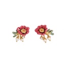 Enamel Glazed Flower Inlaid Rhinestone Natural Pearl Stud Earrings Gold Plated 925 Silver Needle