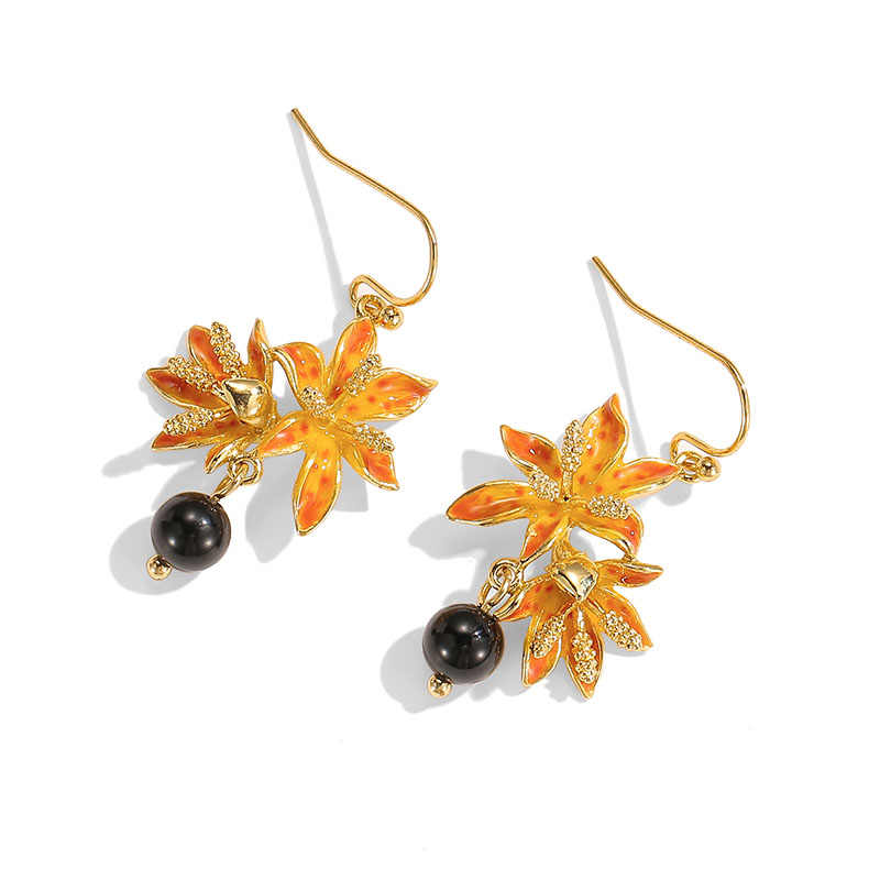 Orange Blossom Flower With Black Agate Enamel Hook Earrings1