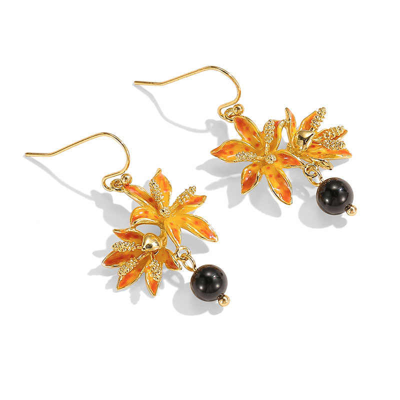 Orange Blossom Flower With Black Agate Enamel Hook Earrings2