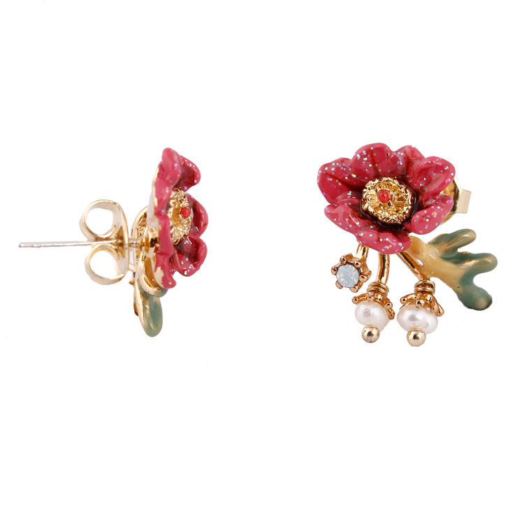 Enamel Glazed Flower Inlaid Rhinestone Natural Pearl Stud Earrings Gold Plated 925 Silver Needle