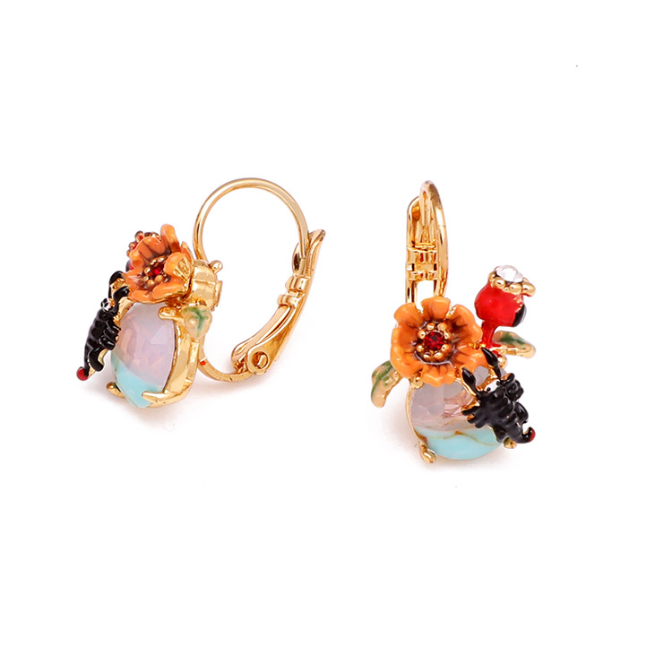 Enamel Glazed Flower Scorpion Gemstone Stud Clip Hook Earrings Gold Plated Copper