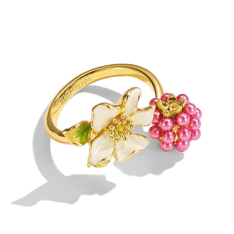 Flower With Raspberry Enamel Adjustable Ring2