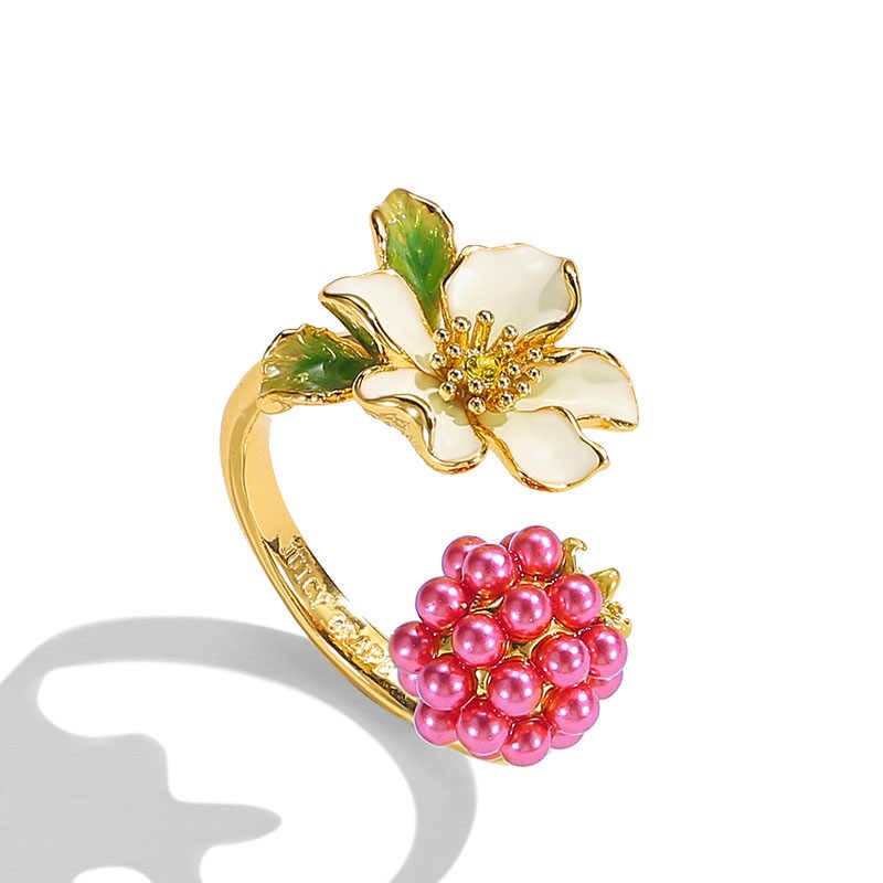Flower With Raspberry Enamel Adjustable Ring1