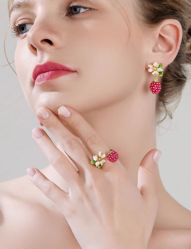 Flower With Raspberry Enamel Adjustable Ring4