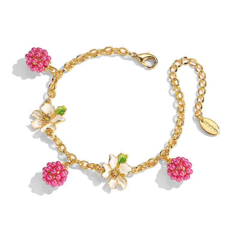 Flower With Raspberry Enamel Charm Chain Bracelet1