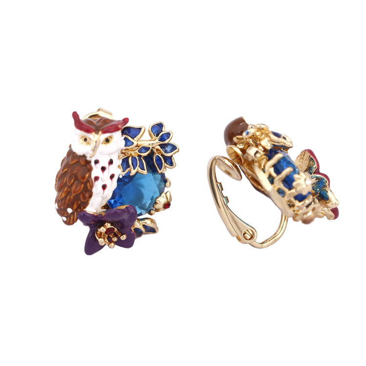 Enamel Glazed Purple Owl Series Asymmetric Lake Blue Crystal Stud Clip Gold Plated Earrings