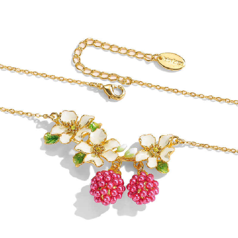 Flower Branch With Raspberry Enamel Pendant Necklace2