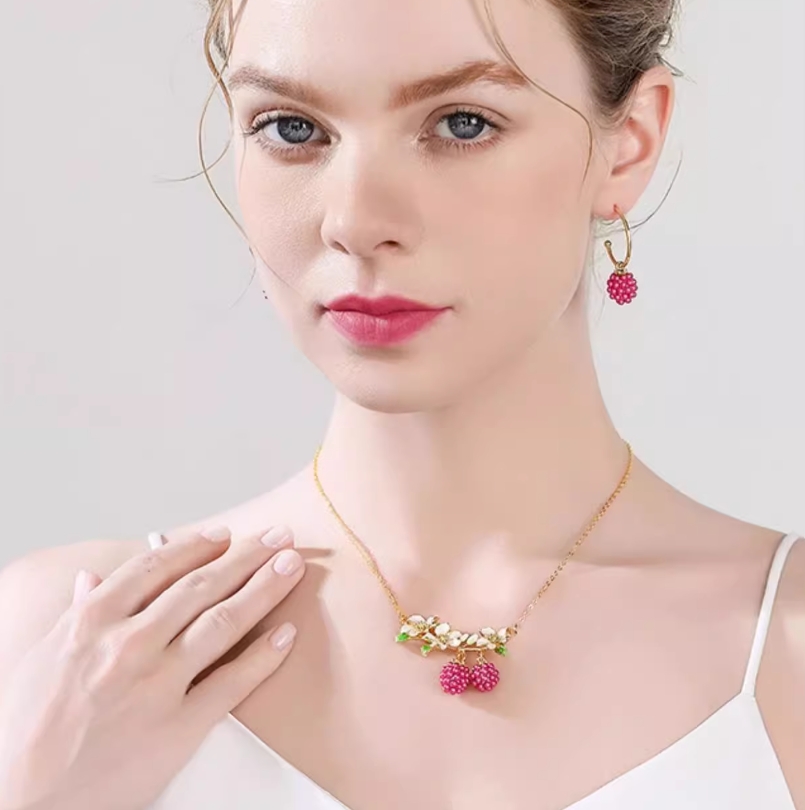 Flower Branch With Raspberry Enamel Pendant Necklace4