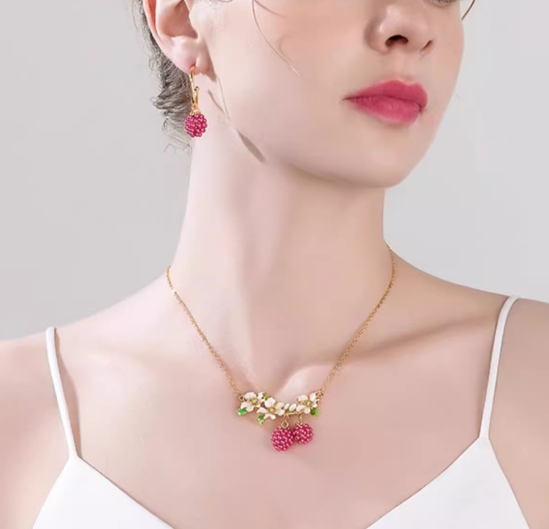 Flower Branch With Raspberry Enamel Pendant Necklace3
