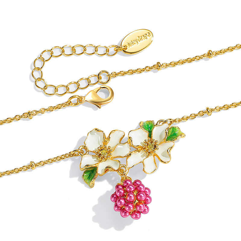 Flower With Raspberry Enamel Pendant Necklace2