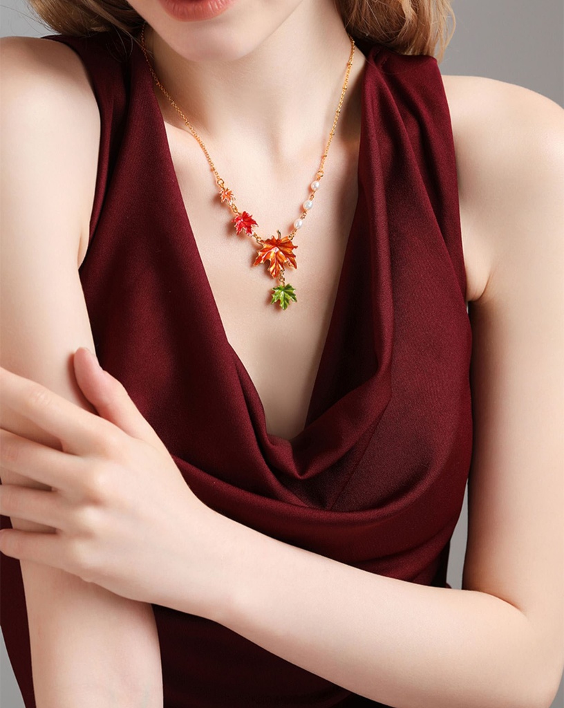 Maple Leaf And Pearl Enamel Pendant Necklace3