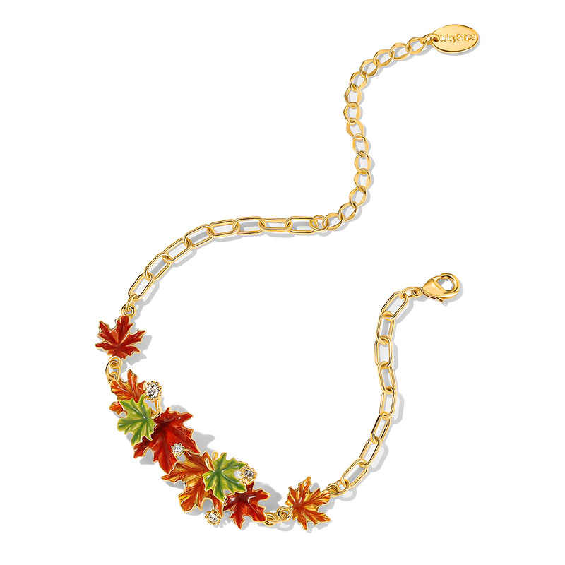 Maple Leaf And Zircon Enamel Chain Bracelet1