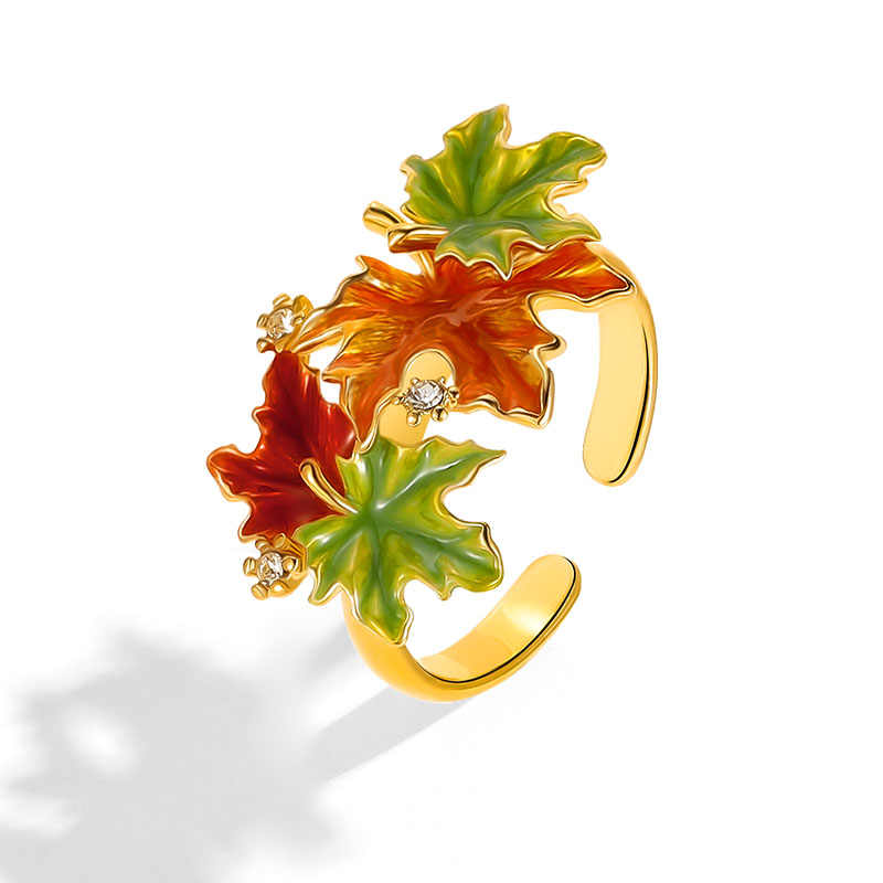 Maple Leaf And Zircon Enamel Adjustable Ring1