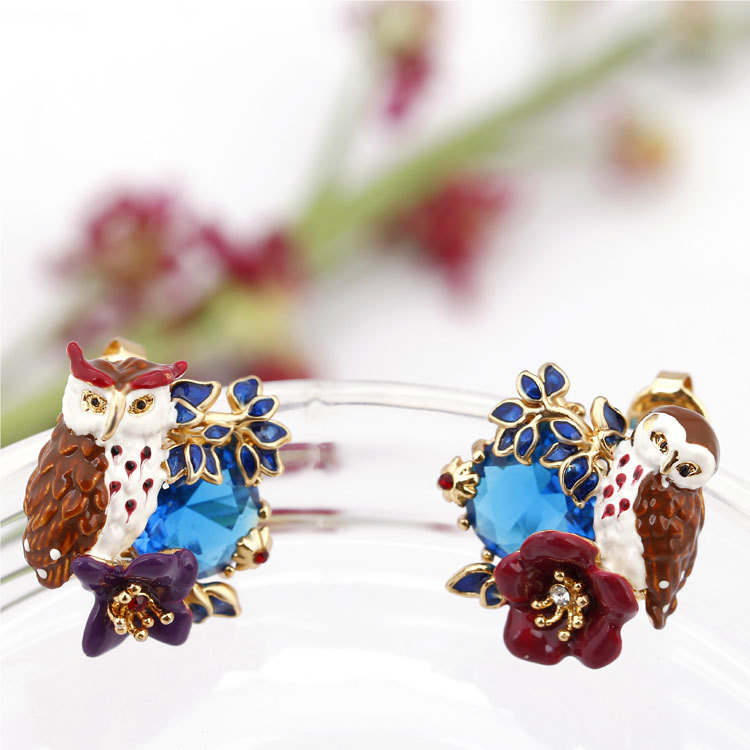 Enamel Glazed Purple Owl Series Asymmetric Lake Blue Crystal Stud Clip Gold Plated Earrings