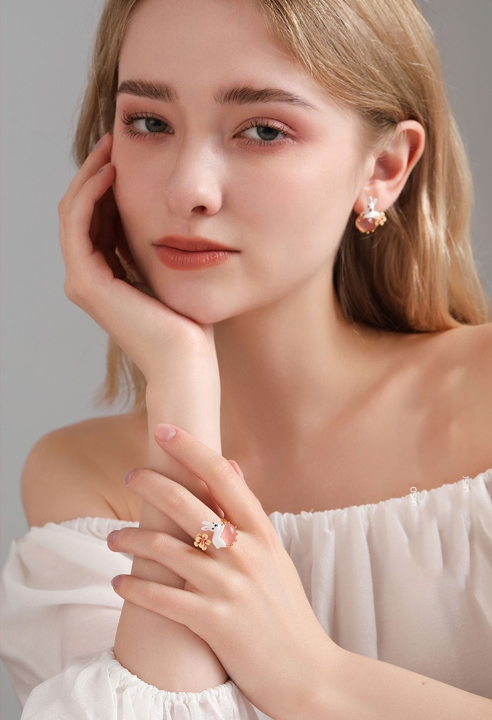 Cute Rabbit Bunny With Stone And Flower Enamel Adjustable Ring5
