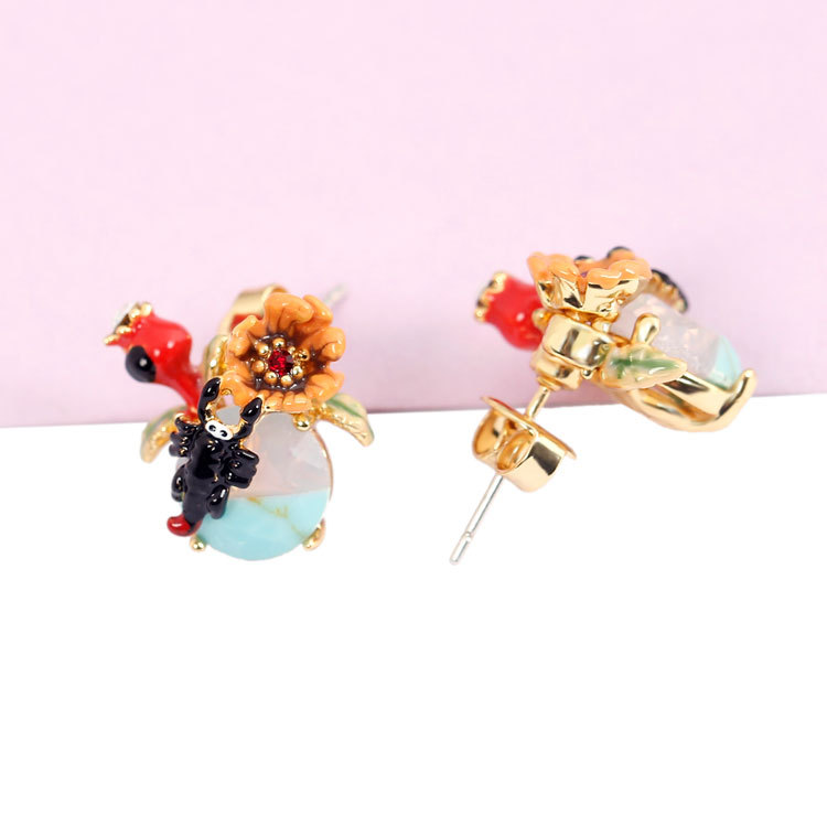 Enamel Glazed Flower Scorpion Gemstone Stud Clip Hook Earrings Gold Plated Copper