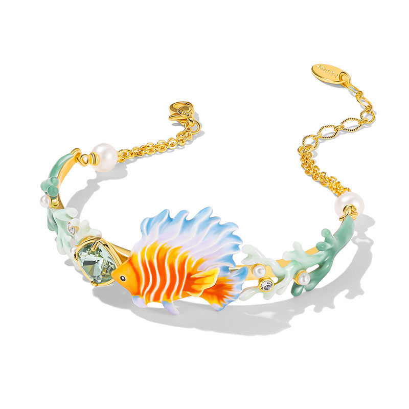 Fish Coral And Pearl Enamel Cuff Bangle Chain Bracelet