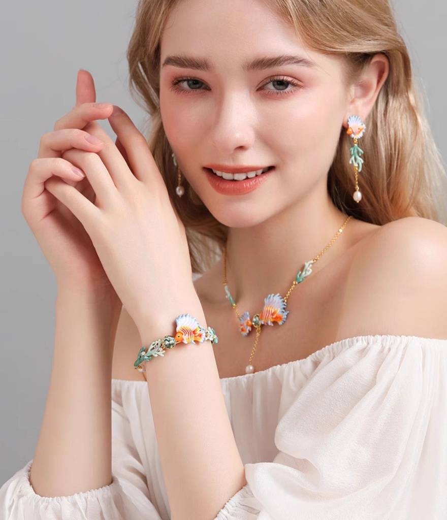 Fish Coral And Pearl Enamel Cuff Bangle Chain Bracelet3
