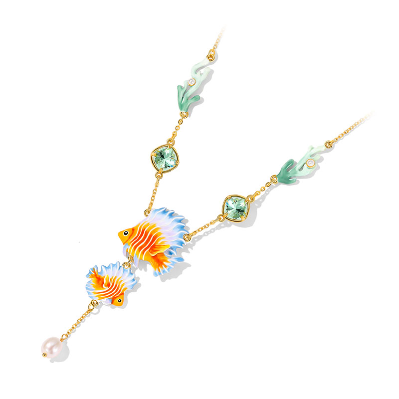 Fish Coral And Pearl Enamel Pendant Necklace2