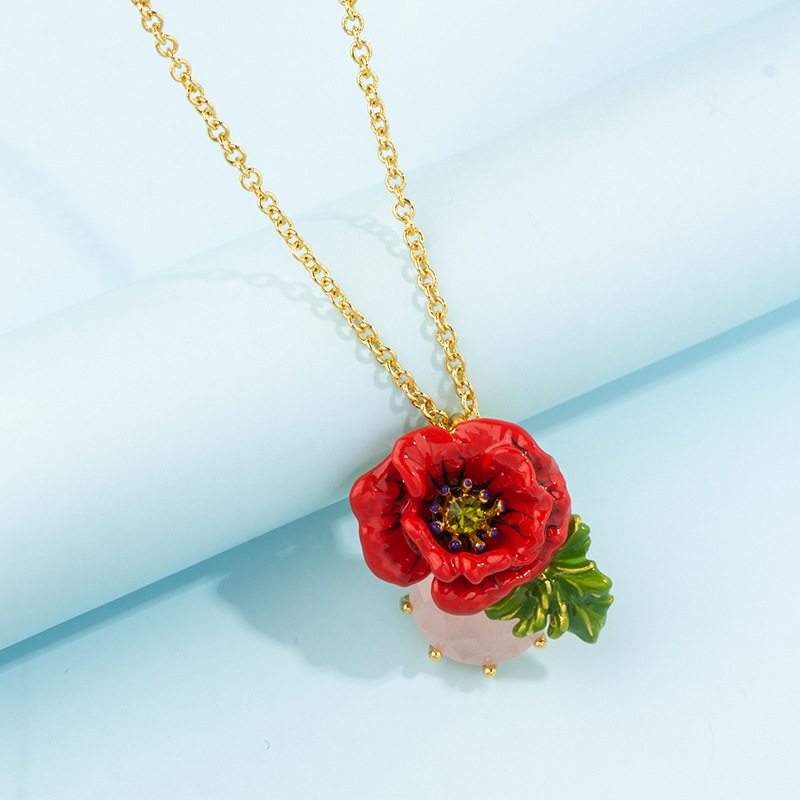 Enamel Glazed Red Rose Flower Gemstone Clavicle Short Pendant Necklace