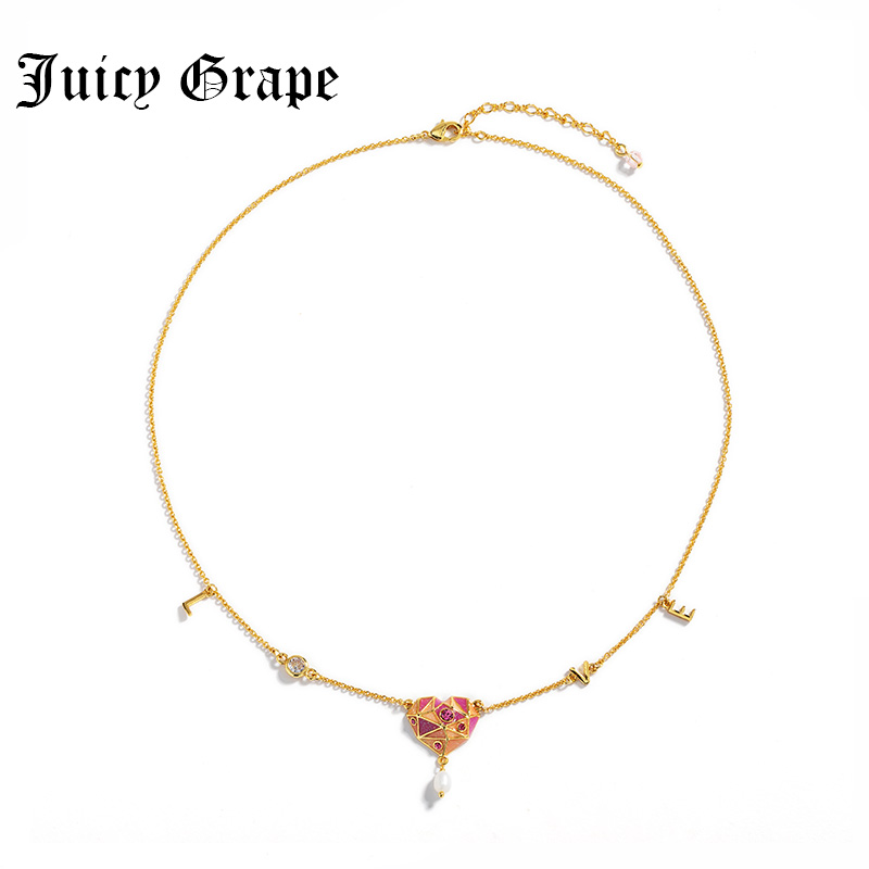 Enamel Glazed Heart Love Inlaid Zircon Natural Pearl Clavicle Chain Necklace 18K Gold Plated