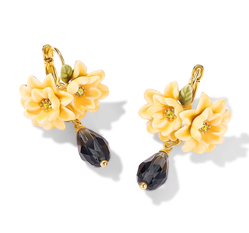 Yellow Flower Cardenia Crystal Drop Enamel Hook Earrings Jewelry Gift1
