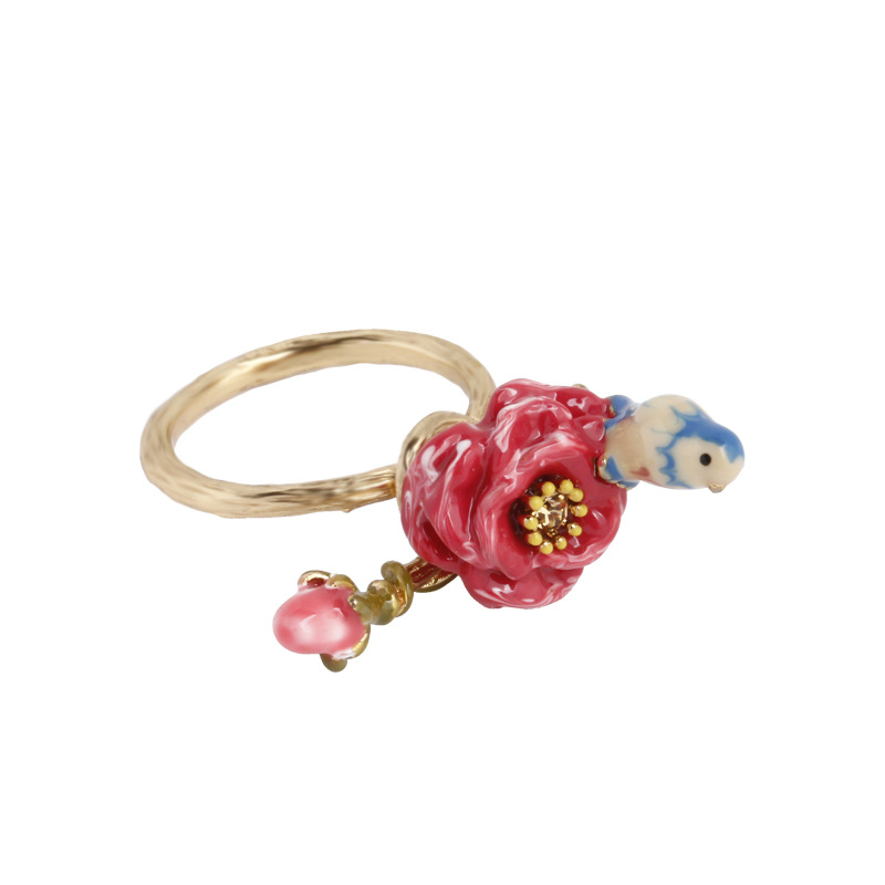 Enamel Glazed Red Rose Flower Stereoscopic Blue Tit Bird Rhinestone Gold Plated Ring