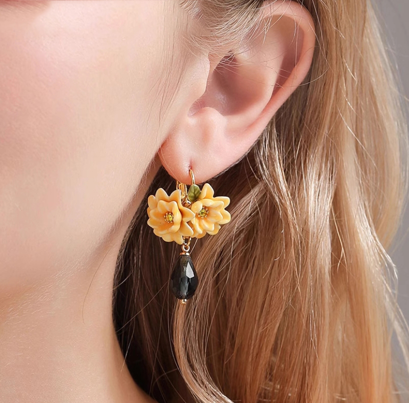 Yellow Flower Cardenia Crystal Drop Enamel Hook Earrings Jewelry Gift3