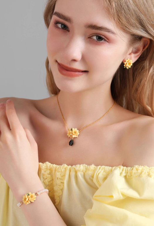 Yellow Flower Cardenia Crystal Drop Enamel Pendant Necklace Jewelry Gift4