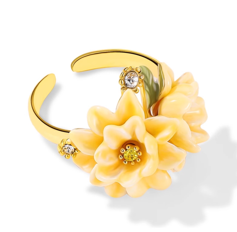 Yellow Flower Cardenia Crystal Enamel Adjustable Ring Jewelry Gift1