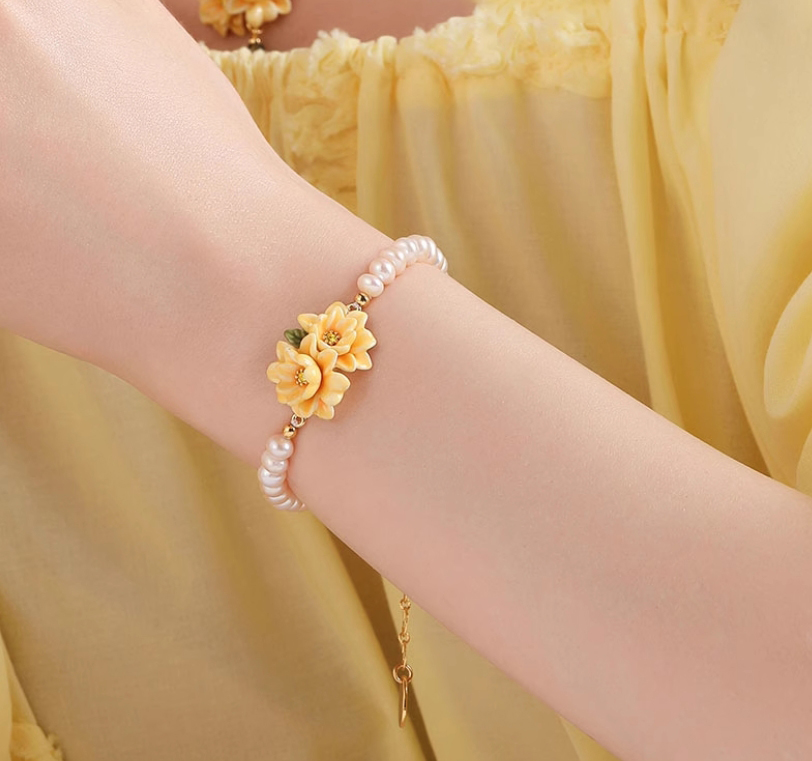 Yellow Flower Cardenia Pearl Enamel Strand BraceletAdjustable Ring Jewelry Gift3
