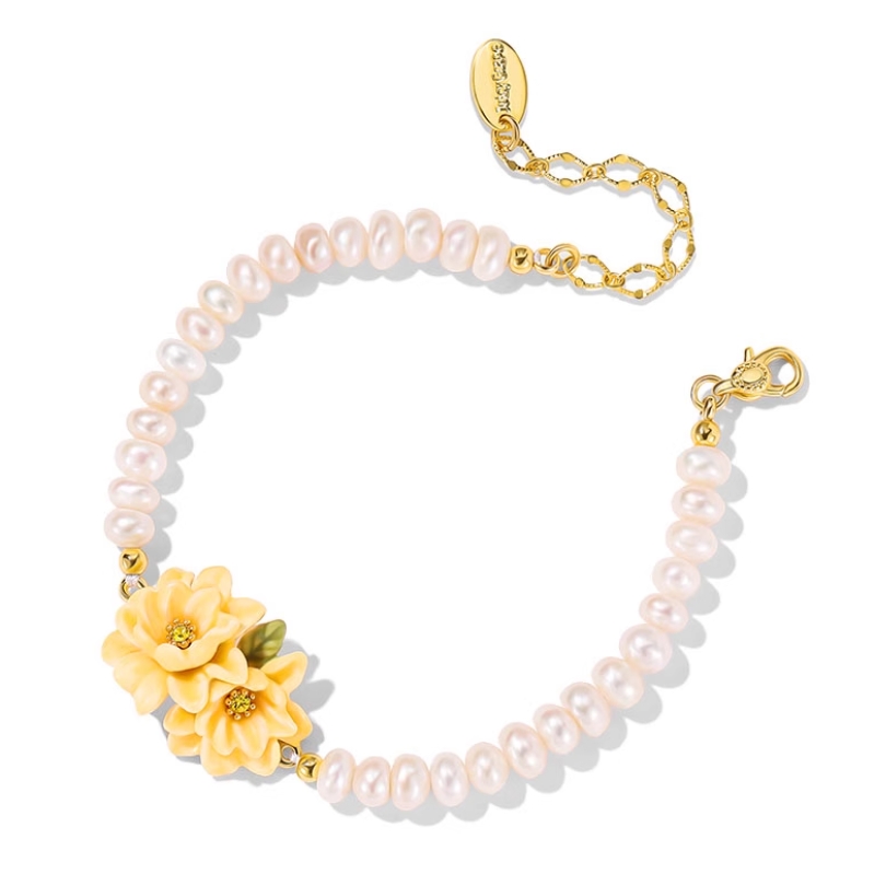 Yellow Flower Cardenia Pearl Enamel Strand BraceletAdjustable Ring Jewelry Gift1