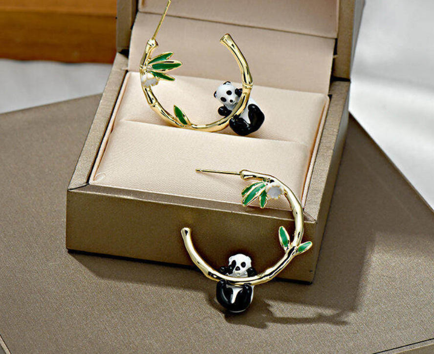 Panda Bamboo And Flower C Shape Enamel Stud Earrings Jewelry Gift