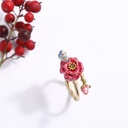 Enamel Glazed Red Rose Flower Stereoscopic Blue Tit Bird Rhinestone Gold Plated Ring