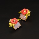 Enamel Glazed Red Rose Stud Earrings Zircon Gold Plated 925 Silver Needle