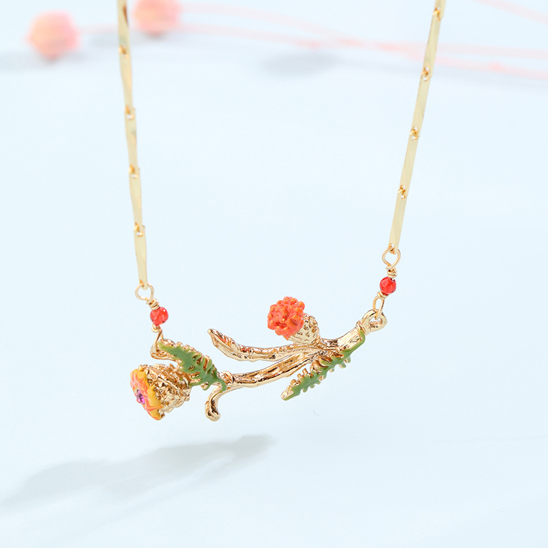 Enamel Glazed Mimosa Plant Clavicle Chain Necklace 18K Gold Plated Copper