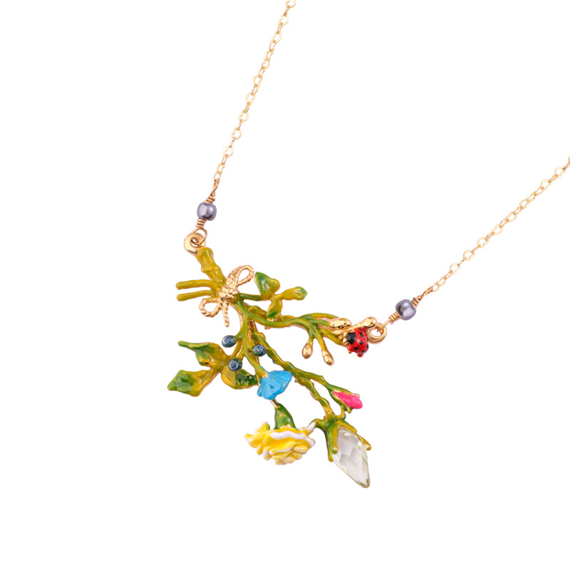 Enamel Glazed Daisy Flower Bee Inlaid Gem Clavicle Chain Necklace 18K Gold Plated