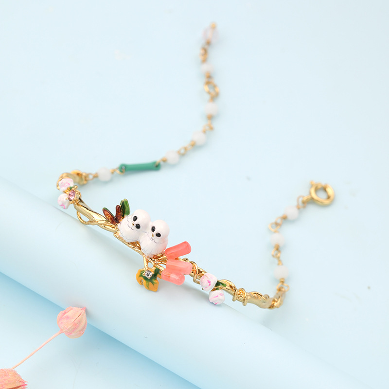 Enamel Glazed Daisy Flower Bee Inlaid Gem Ring 14K Gold Plated