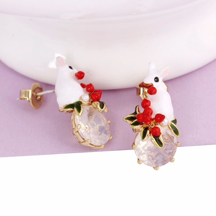 Enamel Glazed Rose White Snow Series Bunny Flower Gemstones Gold Plated 925 Silver Needle
