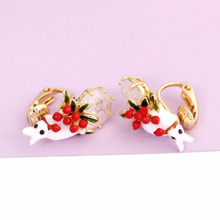 Enamel Glazed Rose White Snow Series Bunny Flower Gemstones Gold Plated 925 Silver Needle