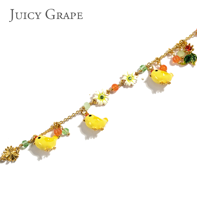 Enamel Glazed Three Yellow Chicken Daisy Flowers Crystal Bracelet