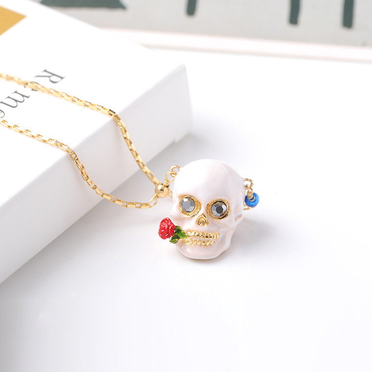 European American Hand Painted Enamel Glaze Necklace Jewelry Skull Pendant