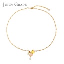 Enamel Glazed Yellow Chick Inlaid Gem Natural Pearl Clavicle Chain Necklace 18K Gold Plated