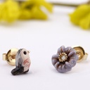 Bird Flower Asymmetry Enamel Earrings Jewelry Stud Earrings