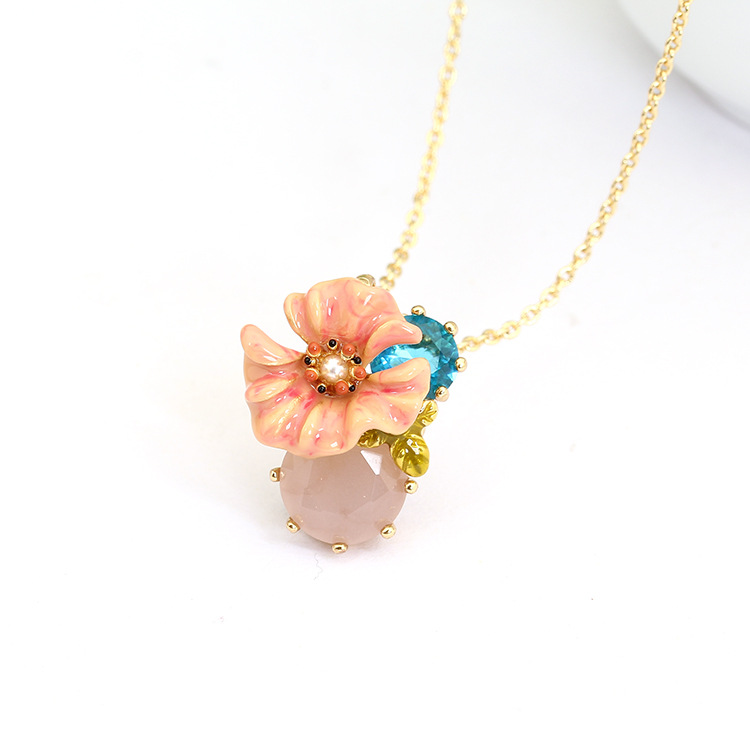 Enamel Naked Pink Flower Blue Crystal Opal Necklace Clavicle Chain