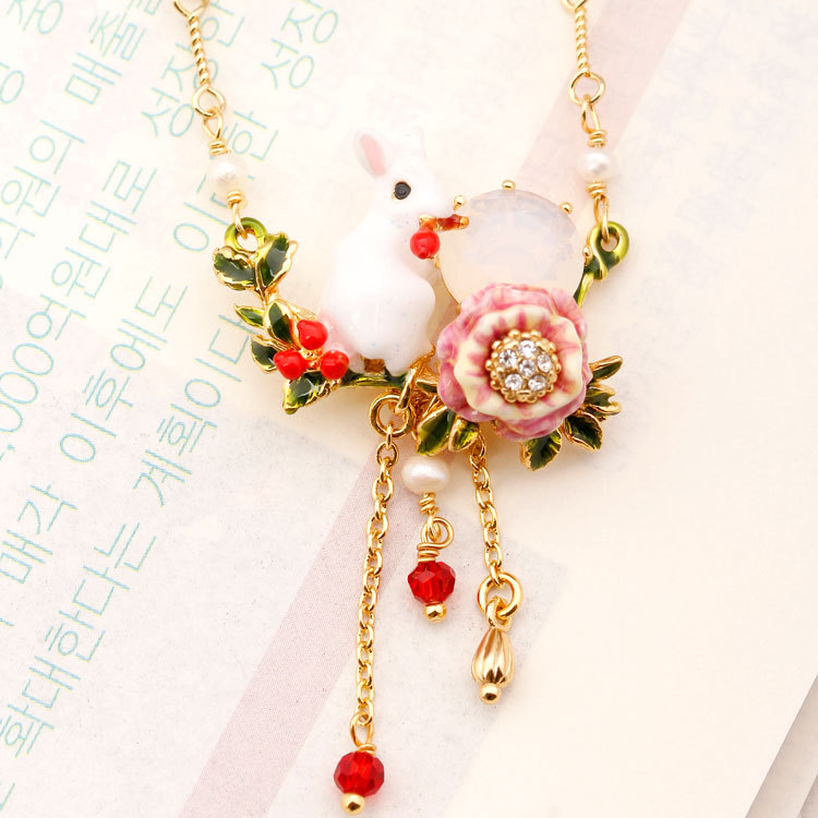 Enamel Rabbit Rose In Mouth Red Fruit Necklace Jewelry