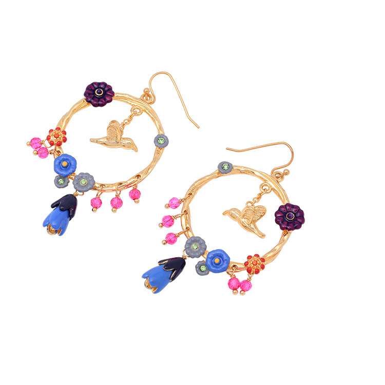 Enamel Glazed Kingfisher Cherry Blossom Czech Rhinestone Blue Bird Flower Adjustable Bracelet