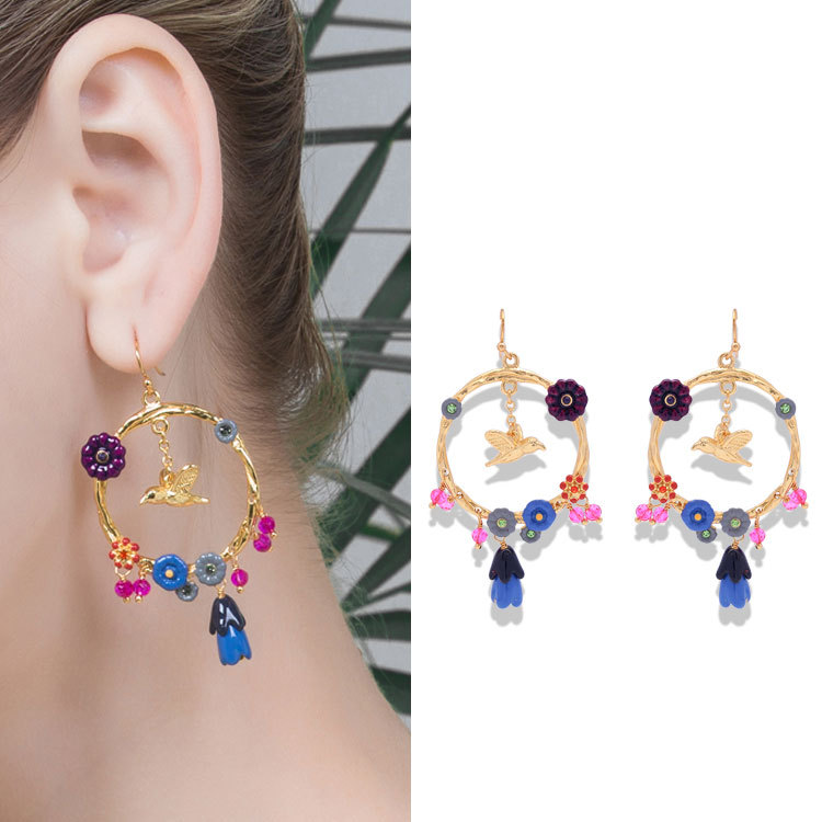 Flores Convallaries Bird Enamel Earrings Jewelry Hook Earrings